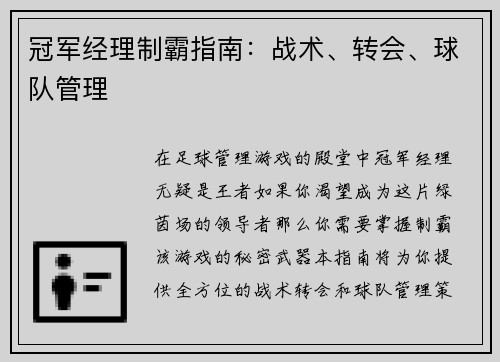 冠军经理制霸指南：战术、转会、球队管理