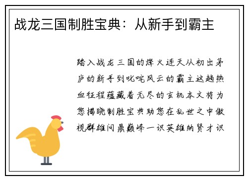 战龙三国制胜宝典：从新手到霸主