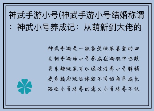 神武手游小号(神武手游小号结婚称谓：神武小号养成记：从萌新到大佬的华丽蜕变之旅)