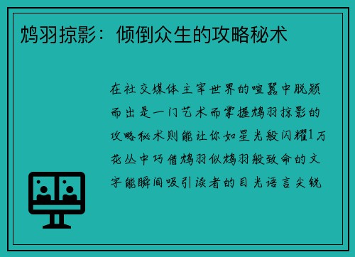 鸩羽掠影：倾倒众生的攻略秘术