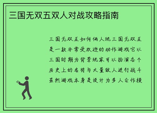 三国无双五双人对战攻略指南
